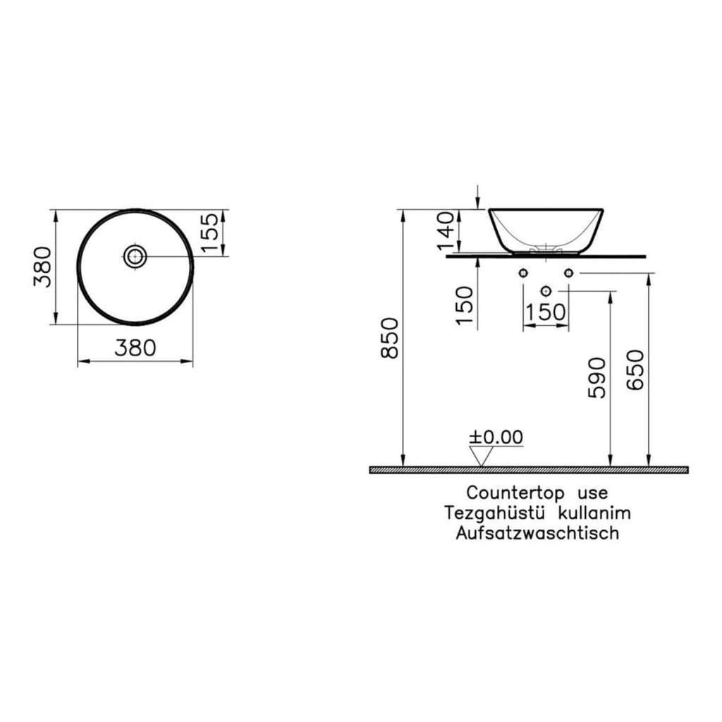Rounded bathroom sink basin with detailed technical drawing, dimensions, and installation height for countertop use. Suitable for bathroom renovation and custom vanity designs.