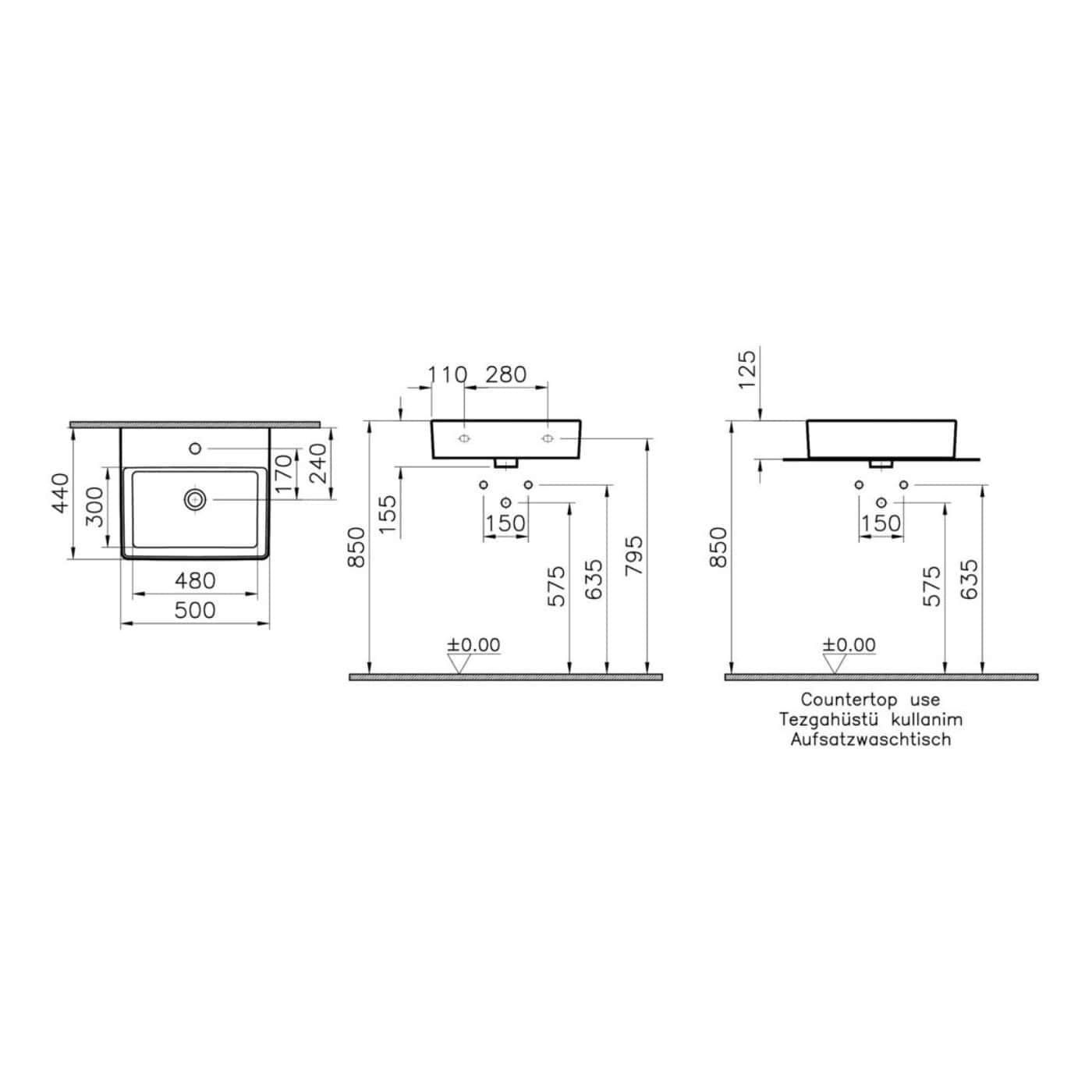 A sleek bathroom sink with detailed technical specifications, dimensions, and installation measurements for custom bathroom design and plumbing setups.