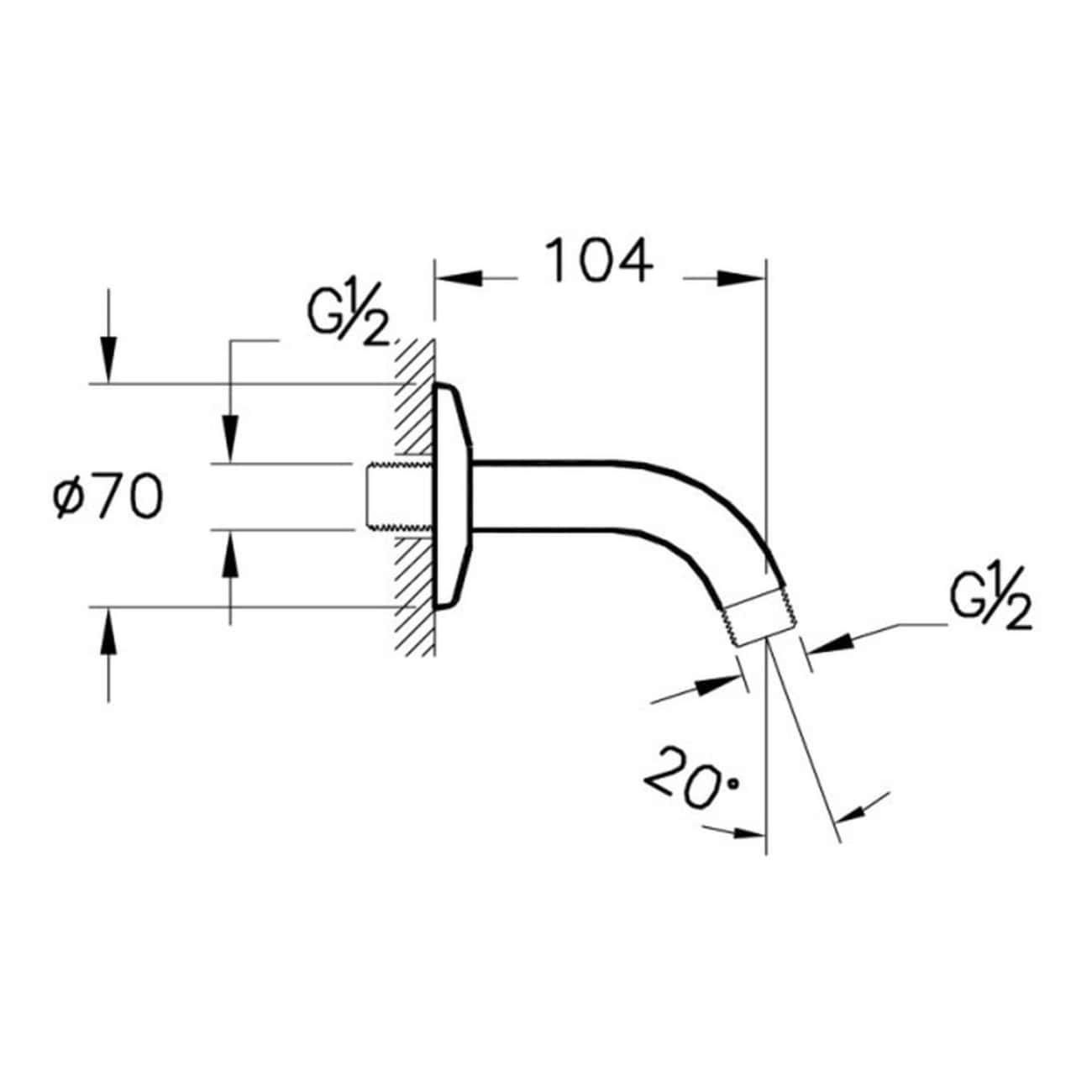 High-quality technical plumbing diagram showing a G½ wall-mounted tap with detailed measurements and fittings, ideal for bathroom renovation and plumbing installation projects.