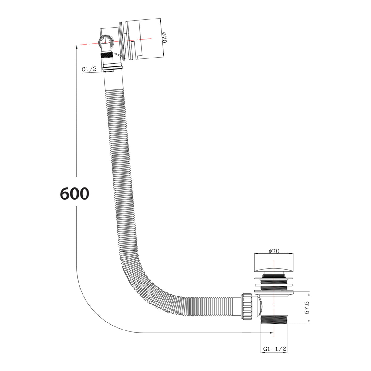 Scudo Round Overflow Filler Waste - Matte Black - technical drawing with dimensions