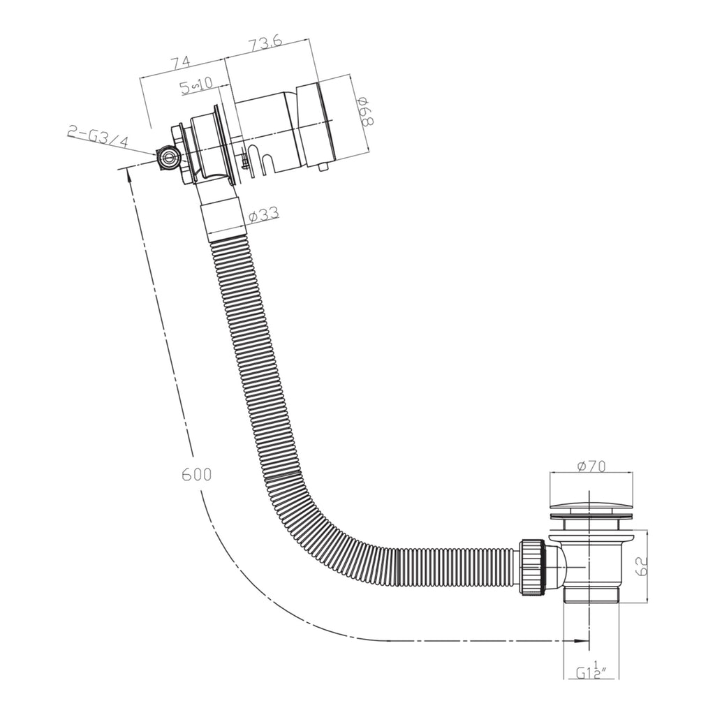 Scudo Bath Filler Overflow With Click Clack Waste - technical drawing with dimensions
