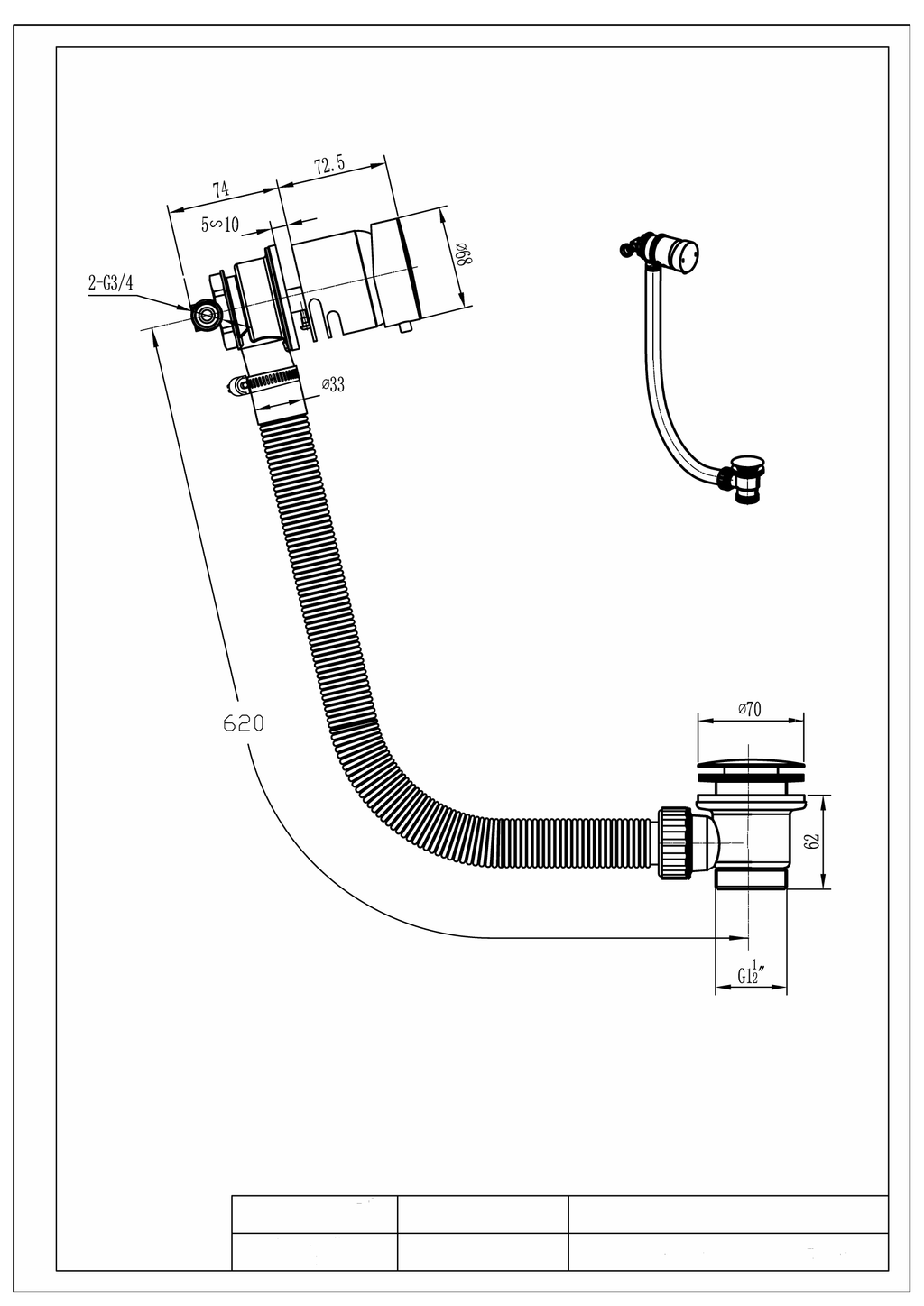Scudo Round Bath Filler Overflow With Sprung Waste - technical drawing with dimensions