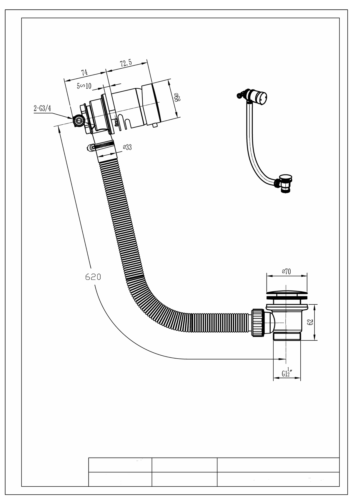 Scudo Round Bath Filler Overflow With Sprung Waste - technical drawing with dimensions
