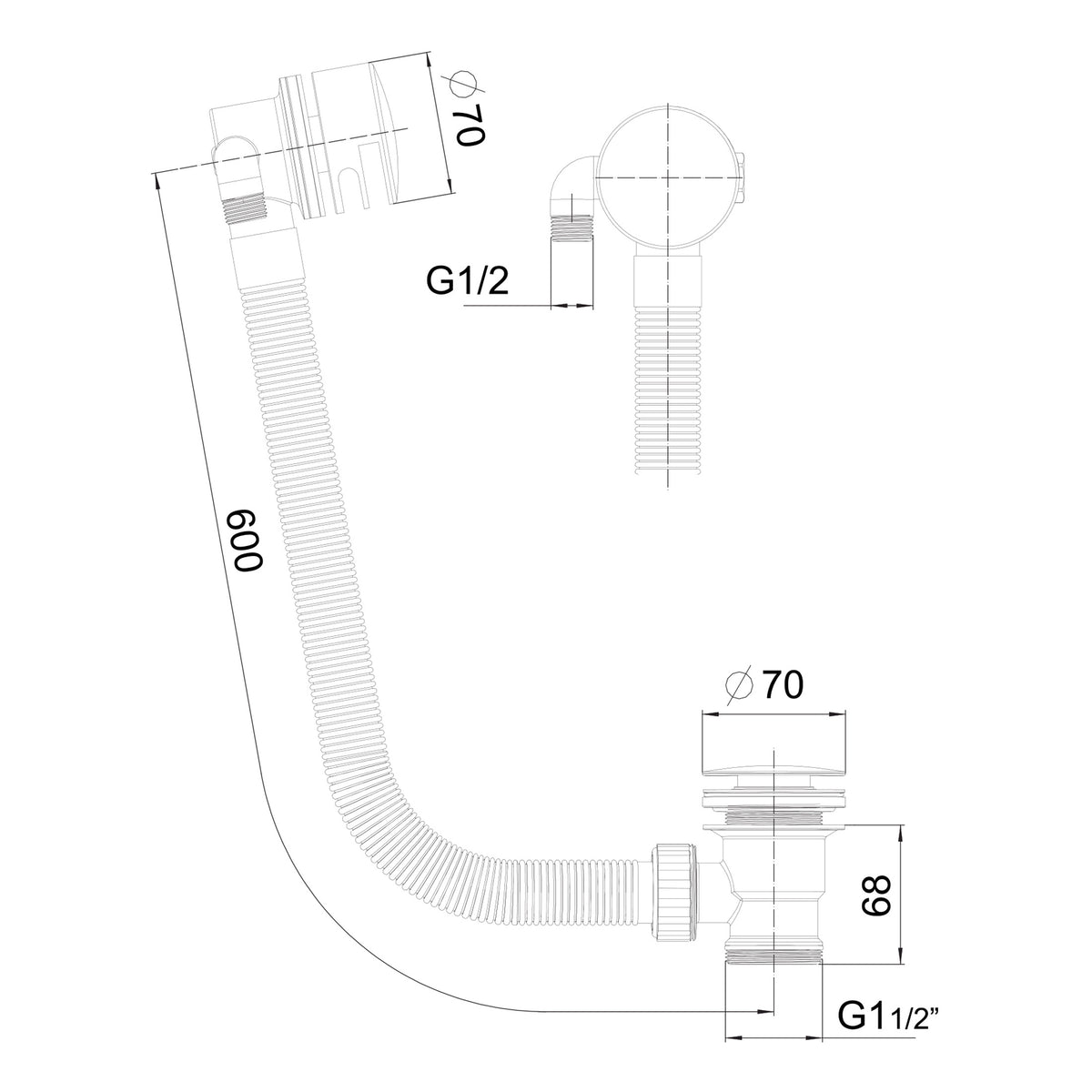 Scudo Round Bath Filler Chrome Overflow With Sprung Waste - technical drawing with dimensions