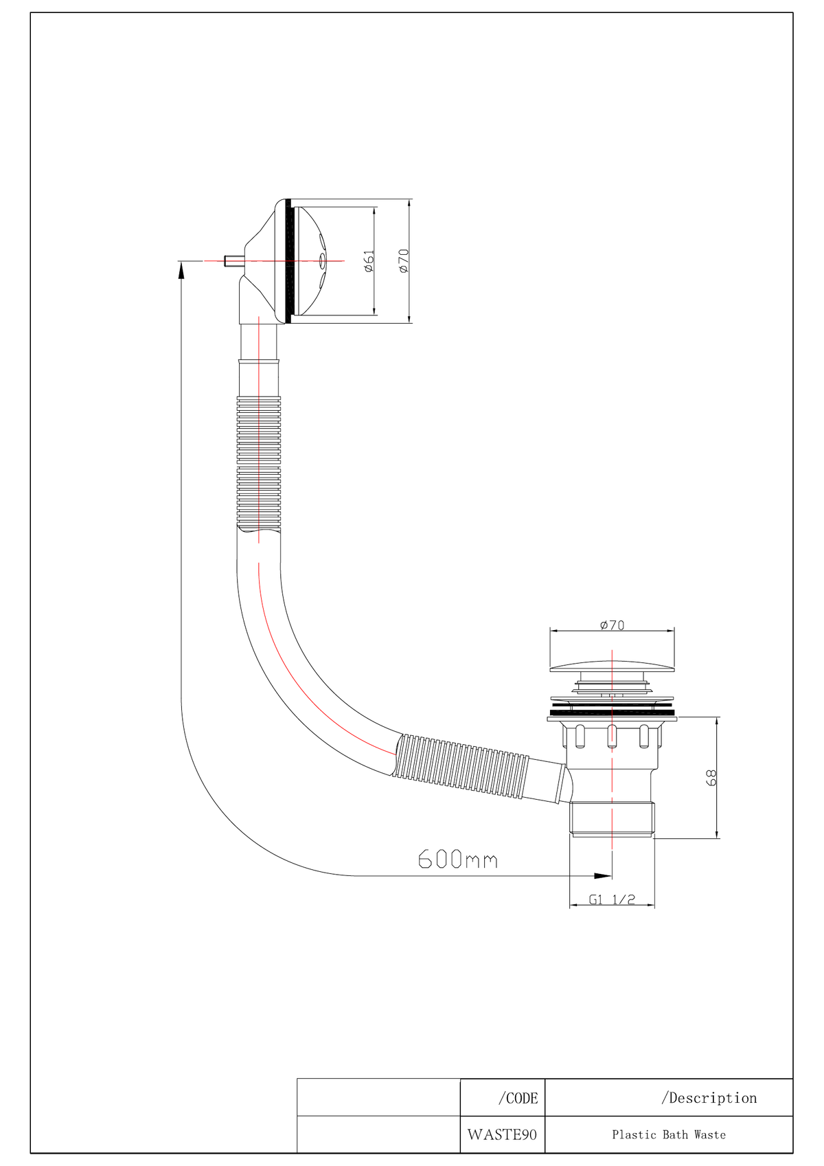 Scudo Round Sprung Bath Waste - Chrome - technical drawing with dimensions