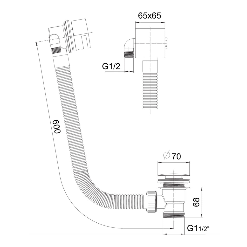 Scudo Square Bath Filler With Sprung Waste And Overflow - Chrome - technical drawing with dimensions