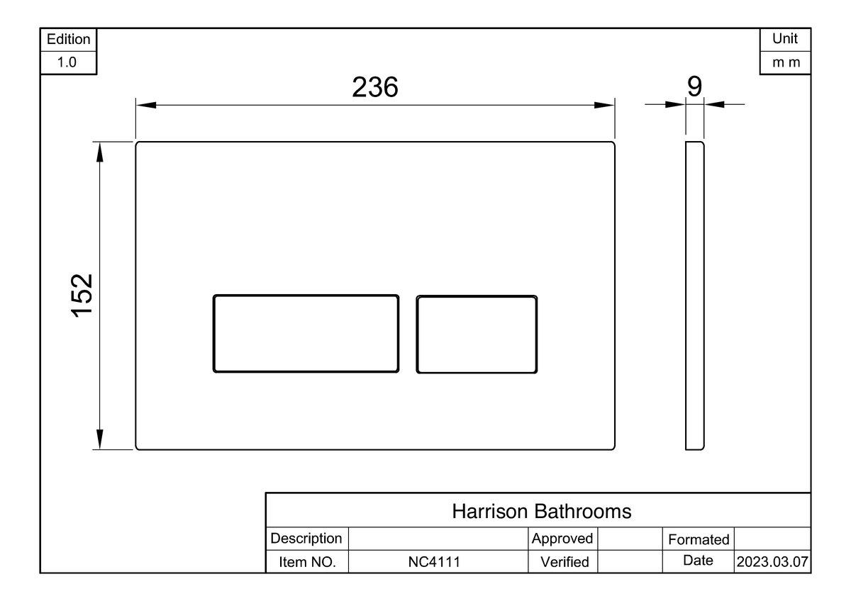 Scudo Rectangular Dual Flush Button - technical drawing with dimensions