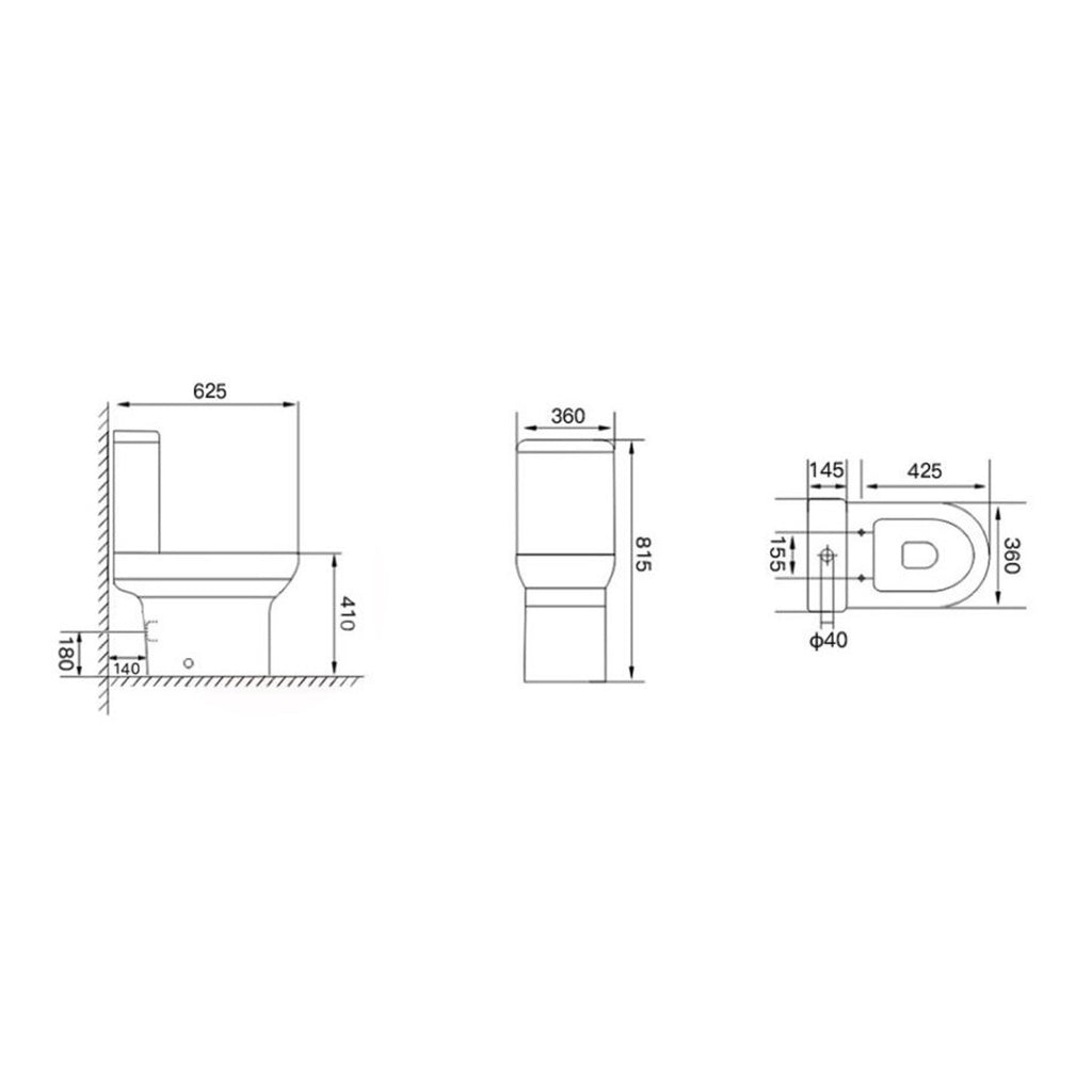 Scudo Spa Open Back Close Coupled Toilet With Cistern And Cistern And Soft Close Seat - White - technical drawing with dimensions