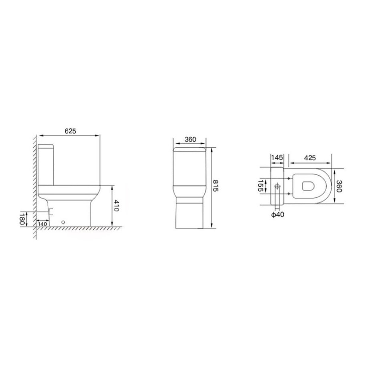 Scudo Spa Open Back Close Coupled Toilet With Cistern And Cistern And Soft Close Seat - White - technical drawing with dimensions