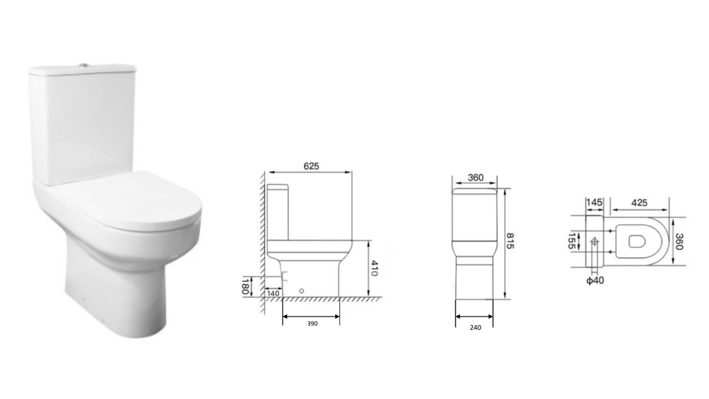 Scudo Spa Open Back Close Coupled Toilet With Cistern And Cistern And Soft Close Seat - White - technical drawing with dimensions