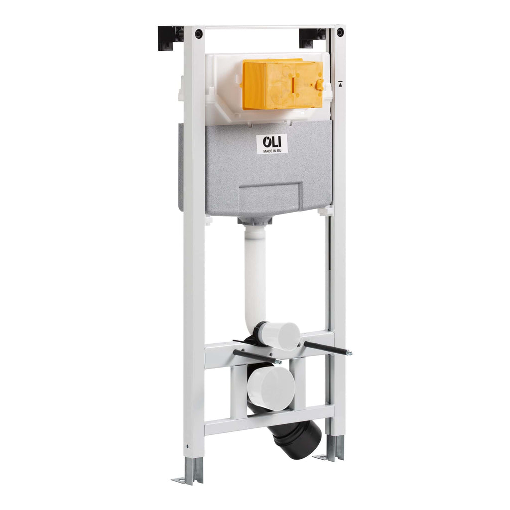 Wall-mounted concealed toilet cistern with dual flush mechanism, ideal for modern bathroom renovations and installations. Compact design suitable for space-saving bathroom setups.