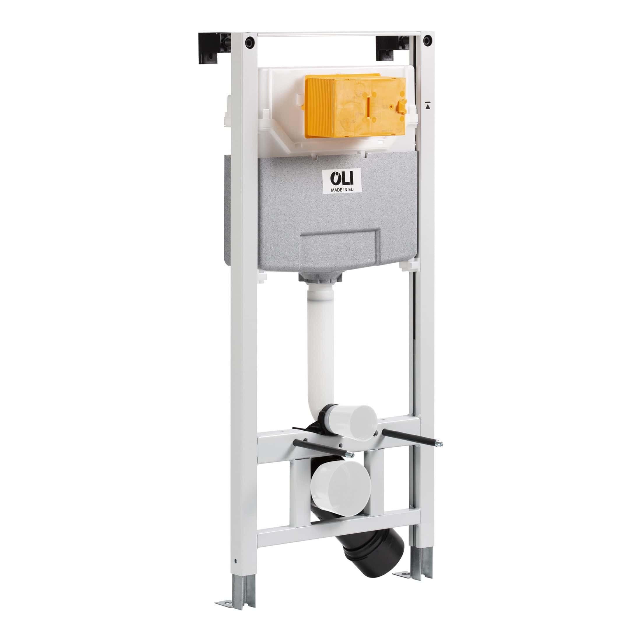 Wall-mounted concealed toilet cistern with dual flush mechanism, ideal for modern bathroom renovations and installations. Compact design suitable for space-saving bathroom setups.