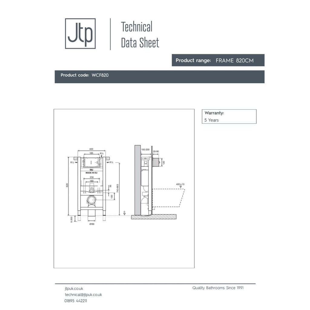 High-quality technical drawing of Bubly Bathrooms' 820cm bathroom frame, including dimensions and installation details for plumbing and framing.