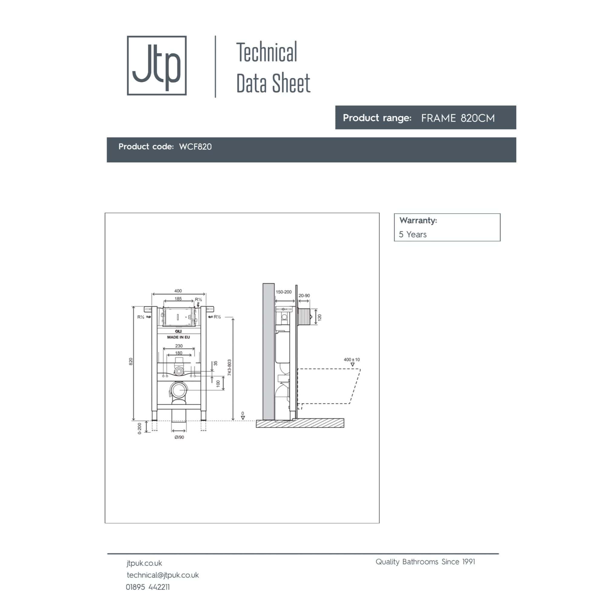 High-quality technical drawing of Bubly Bathrooms' 820cm bathroom frame, including dimensions and installation details for plumbing and framing.