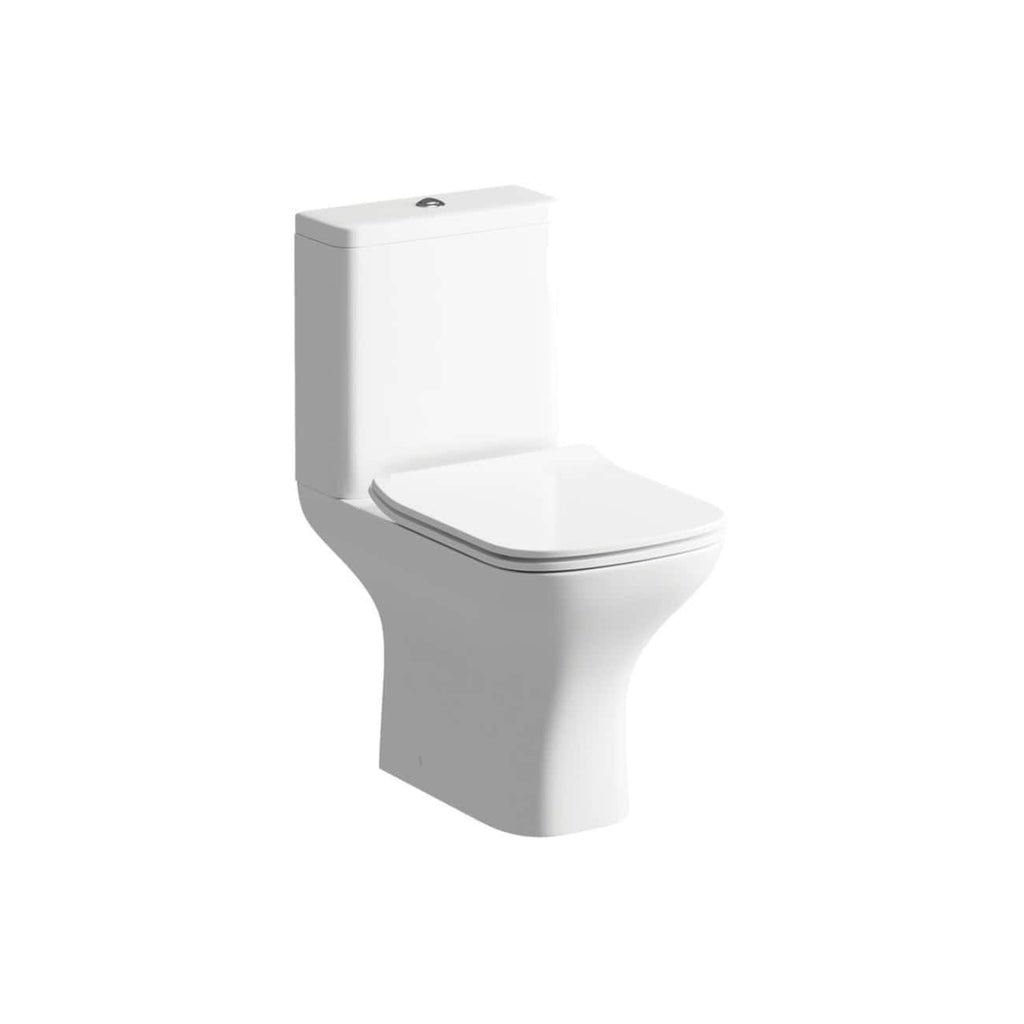 Toilet with modern white ceramic design, ideal for contemporary bathrooms, featuring a dual-flush system for water efficiency. Perfect for home or commercial bathroom installations.