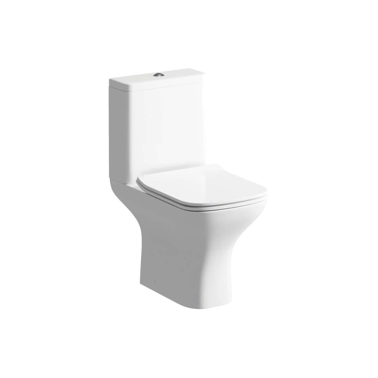 Toilet with modern white ceramic design, ideal for contemporary bathrooms, featuring a dual-flush system for water efficiency. Perfect for home or commercial bathroom installations.