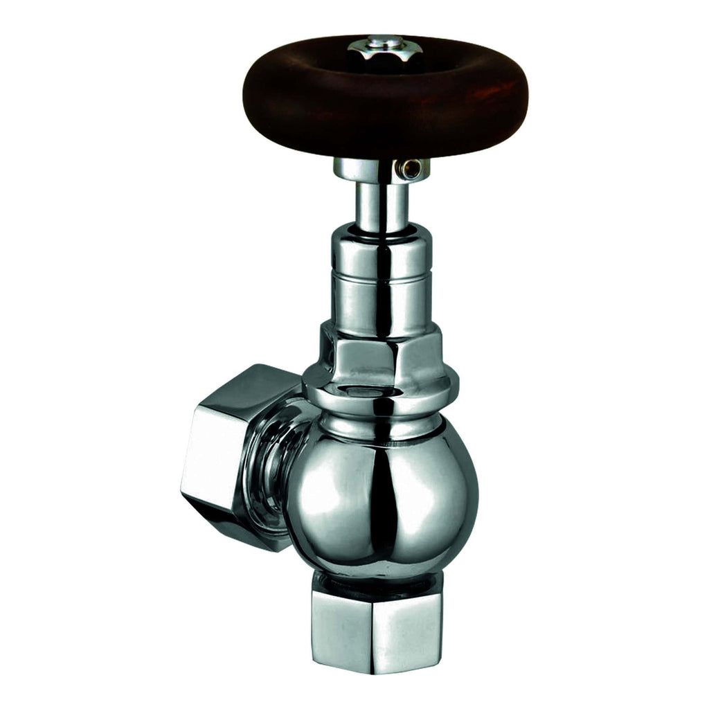 Chrome-finished bathroom supply valve with a wooden handle, suitable for modern bathroom fixtures and installation or repair projects.