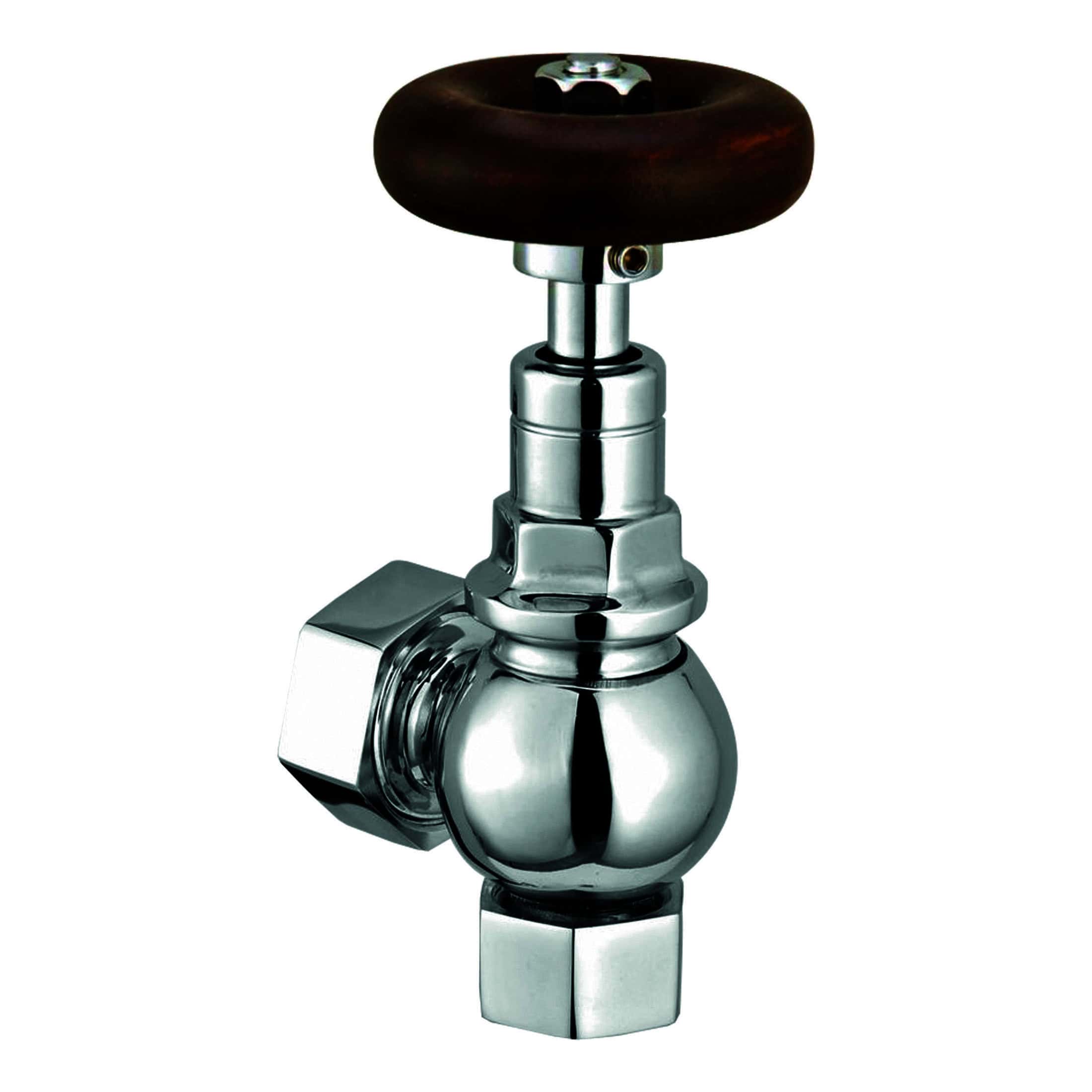 Chrome-finished bathroom supply valve with a wooden handle, suitable for modern bathroom fixtures and installation or repair projects.