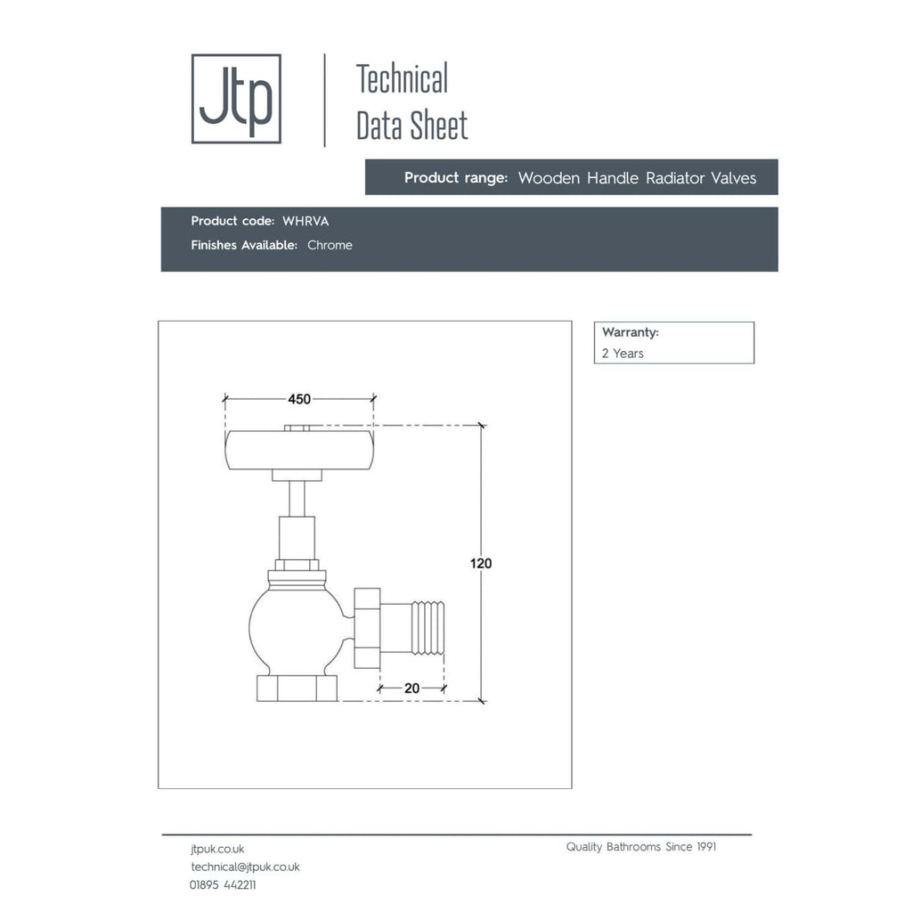 Precise technical drawing of a wooden handle radiator valve with chrome finish, including measurements and installation details for bathroom plumbing.