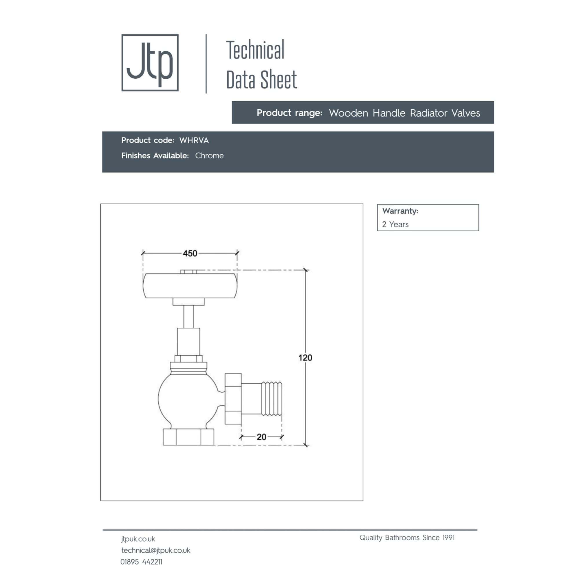 Precise technical drawing of a wooden handle radiator valve with chrome finish, including measurements and installation details for bathroom plumbing.