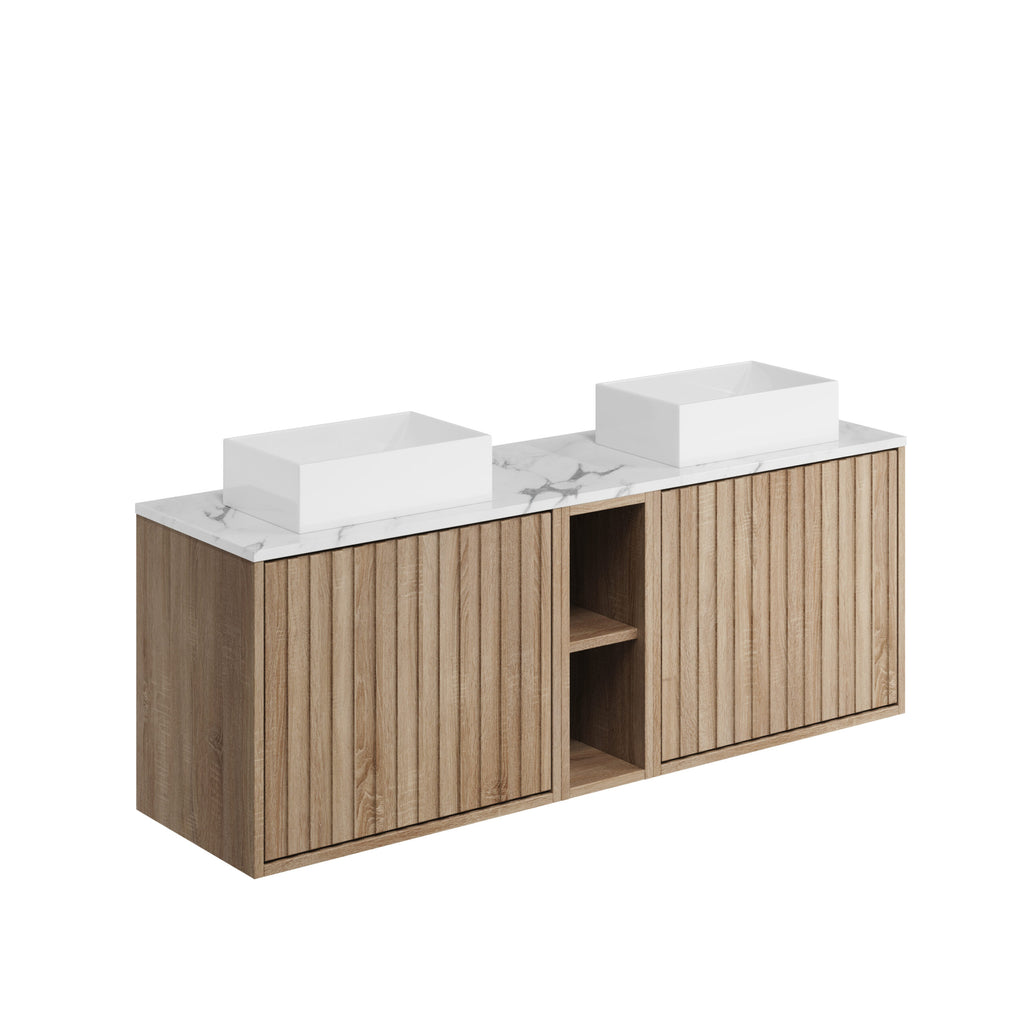 Scudo Alfie 1400mm Wall Hung Vanity Unit With Open Storage, Worktop & 2 Basins