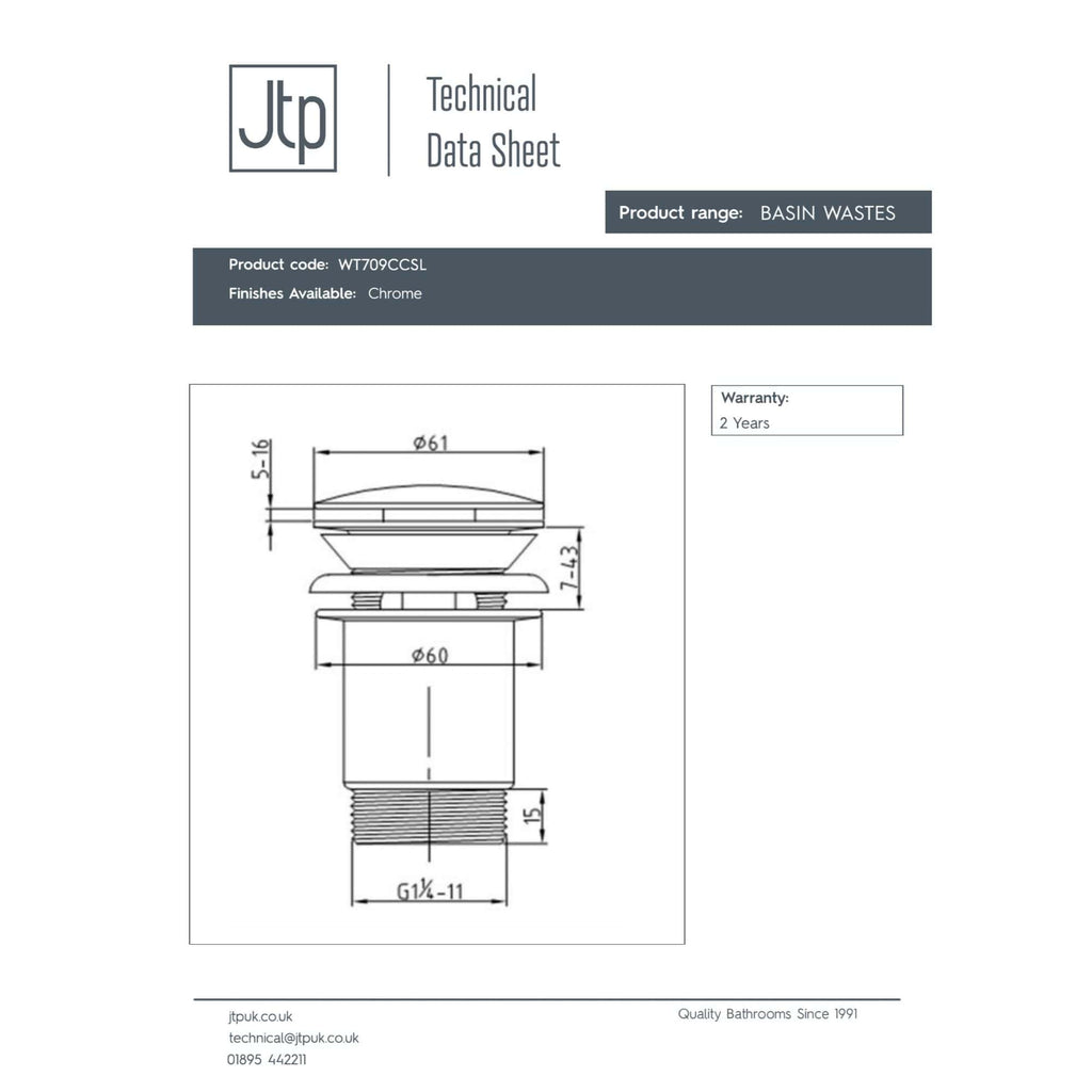 Chrome basin waste technical drawing with detailed dimensions for bathroom plumbing installation. Suitable for professional bathroom renovation and design projects.