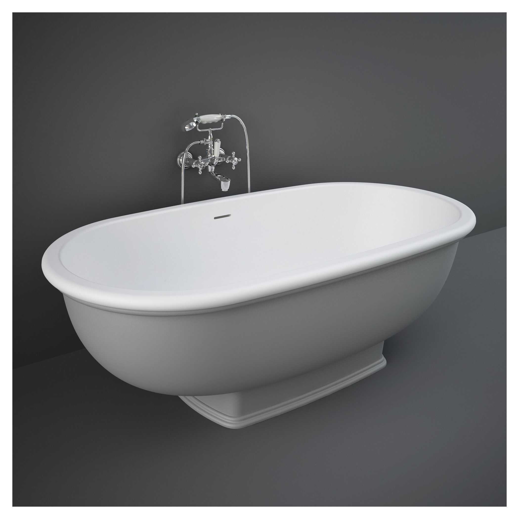 Elegant freestanding vintage-style white bathtub with chrome tap and handheld shower, ideal for luxury bathroom renovation and classic bathroom design.