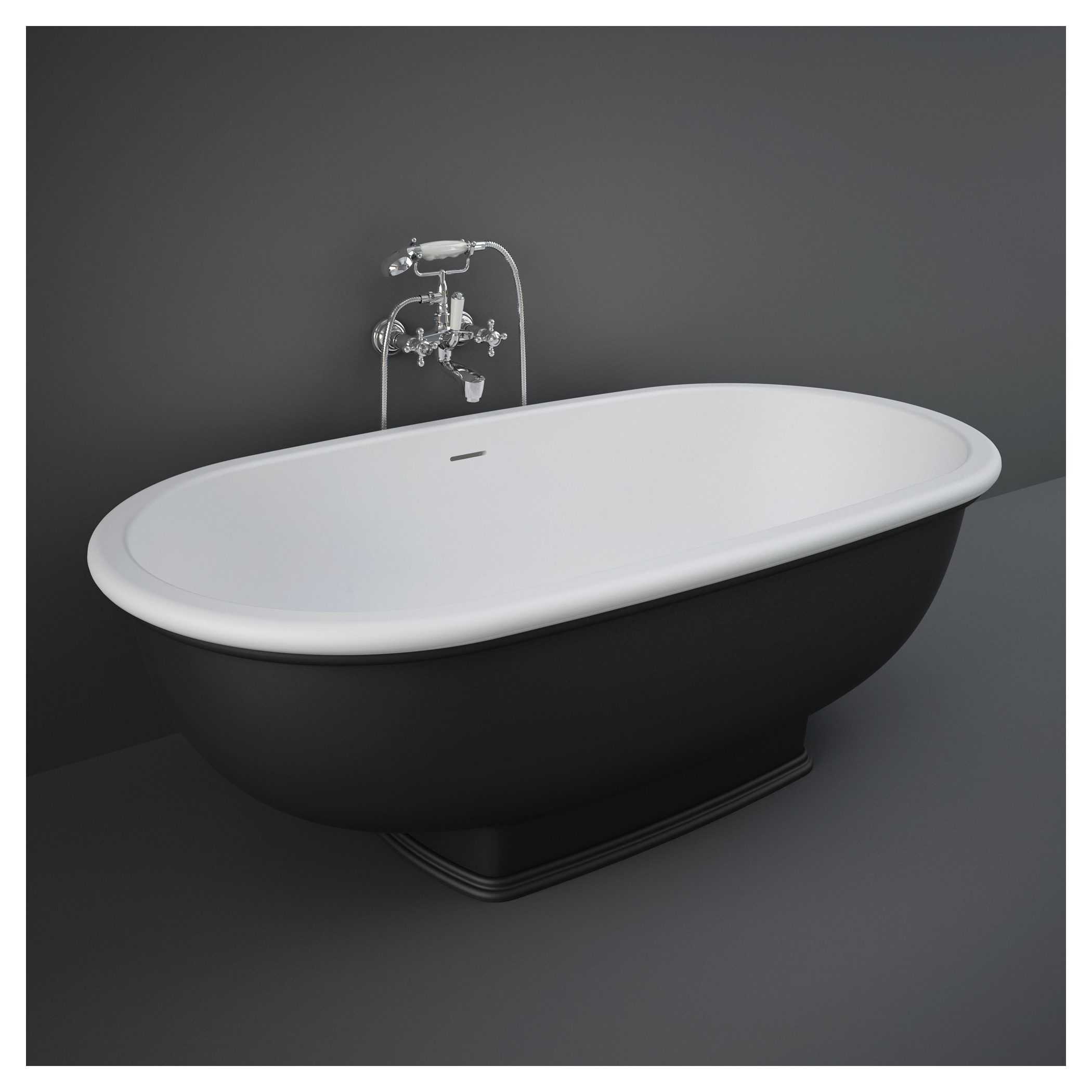 Elegant freestanding black and white vintage-style bathtub with chrome fixtures, perfect for luxury bathroom renovation. Ideal for modern or classic bathroom decor, combining style and relaxation.