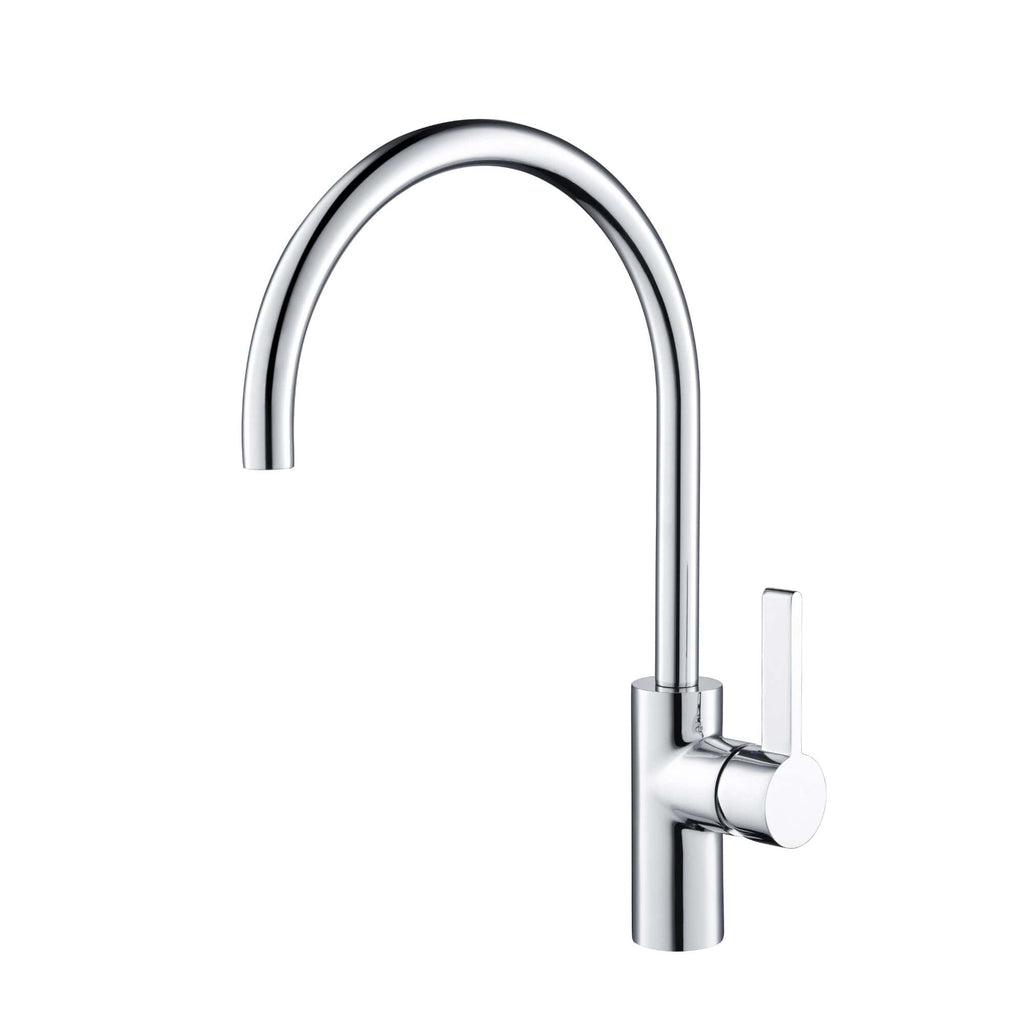 Brass kitchen tap, modern high-arc design, chrome finish, single lever control, ideal for contemporary bathroom or kitchen sink setup. High-quality and durable fixture.