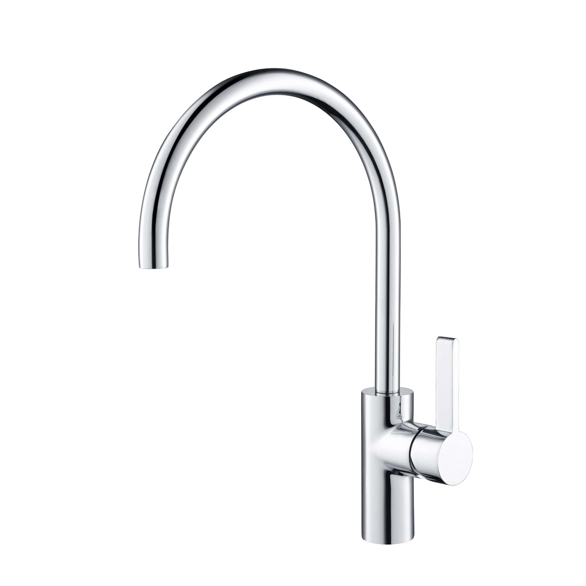 Brass kitchen tap, modern high-arc design, chrome finish, single lever control, ideal for contemporary bathroom or kitchen sink setup. High-quality and durable fixture.