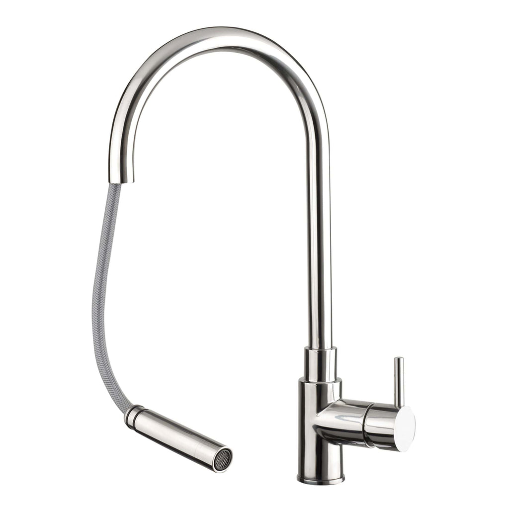 Sleek modern stainless steel kitchen tap with pull-out spray feature, ideal for contemporary bathrooms and kitchens, combining style and functionality for effortless cleaning and water control.