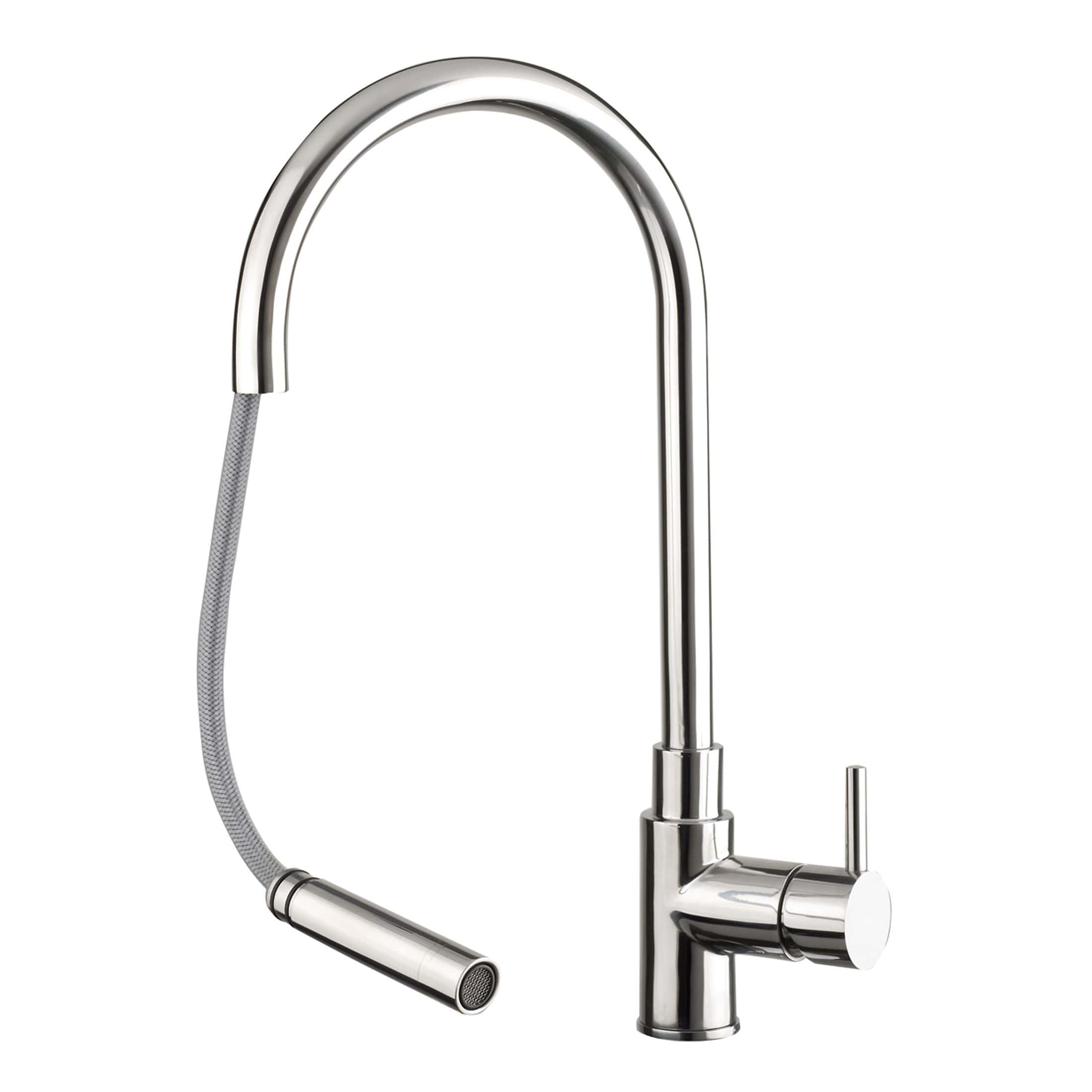 Sleek modern stainless steel kitchen tap with pull-out spray feature, ideal for contemporary bathrooms and kitchens, combining style and functionality for effortless cleaning and water control.
