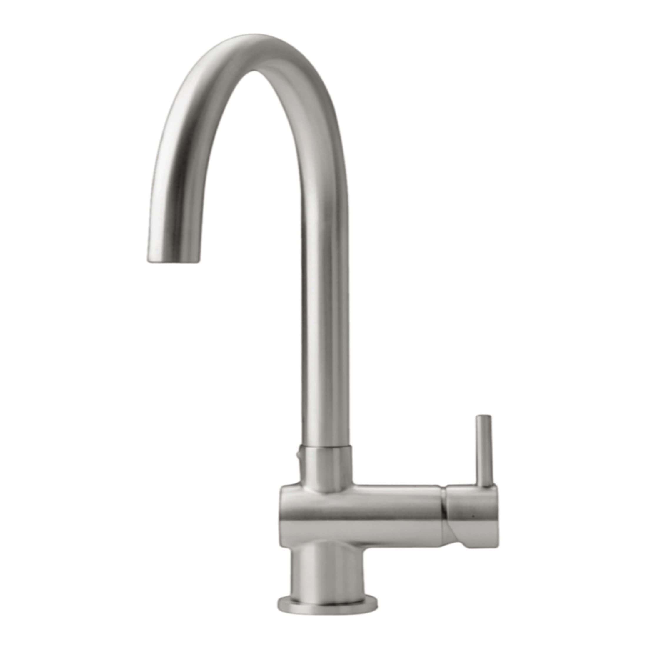 Sleek stainless steel kitchen tap with modern design, ideal for contemporary bathrooms and kitchens, featuring a high-arc spout and manual lever for easy water control.