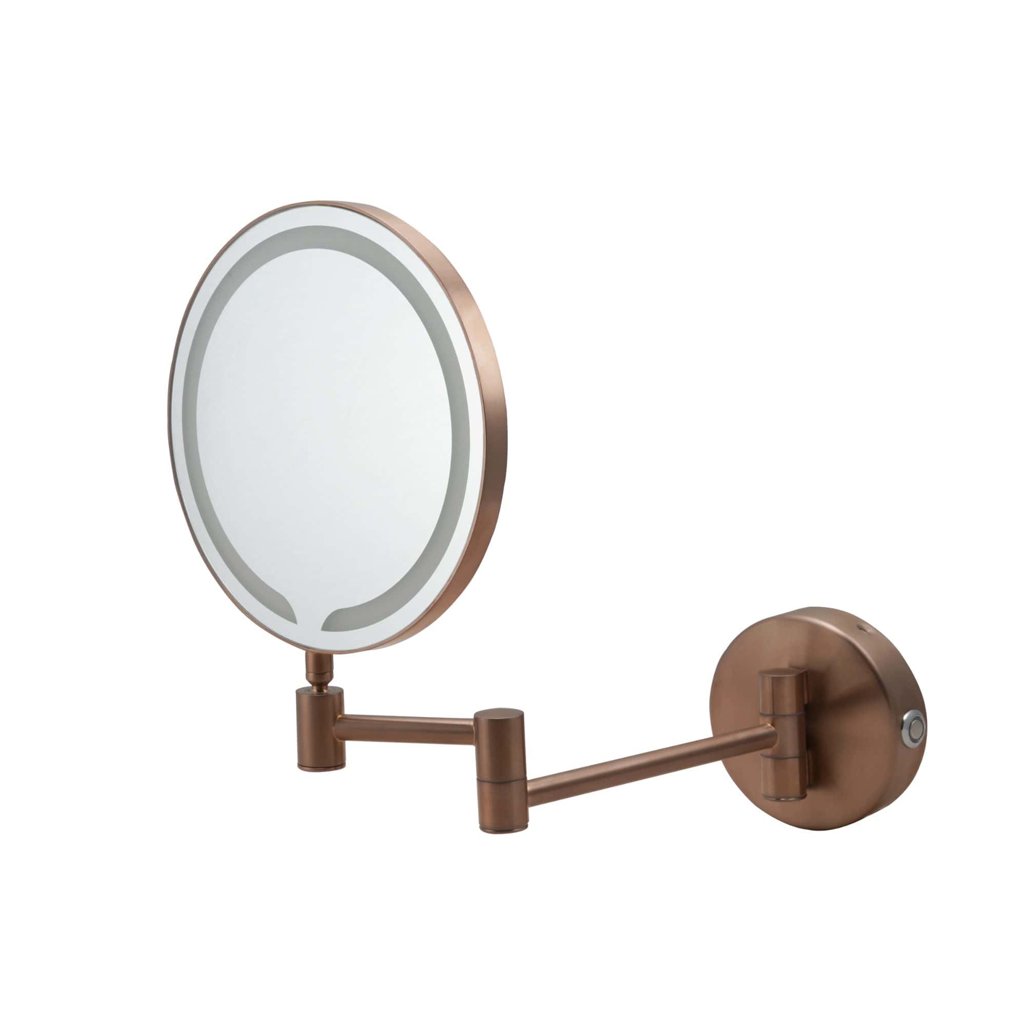 Elegant wall-mounted bathroom mirror with copper finish, featuring an integrated LED light and adjustable magnification for daily grooming routines. Perfect for modern bathroom decor.
