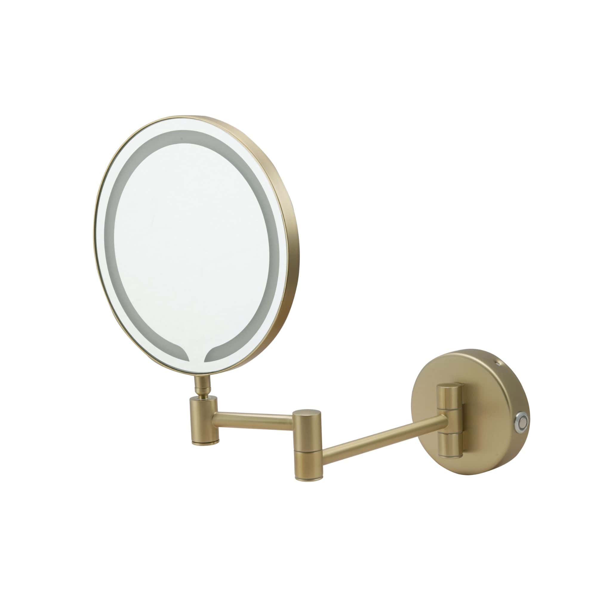 LED illuminated magnifying mirror with brass finish, wall-mounted bathroom accessory, ideal for grooming and skincare routines, offering clear, adjustable reflection for modern bathroom decor.