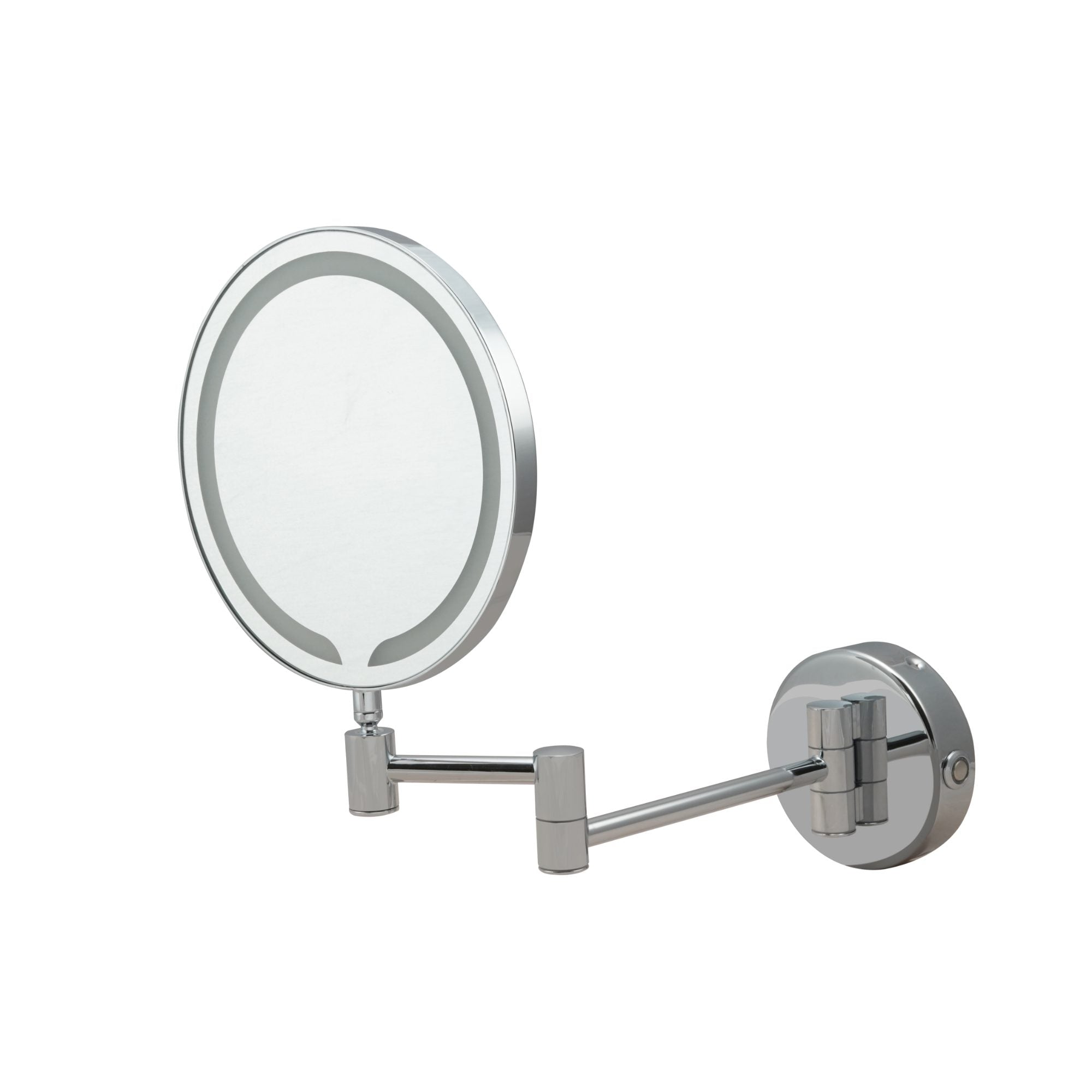 Chrome wall-mounted magnifying bathroom mirror with adjustable arm for shaving and makeup application. Perfect for bathroom upgrades and modern bathroom accessories.