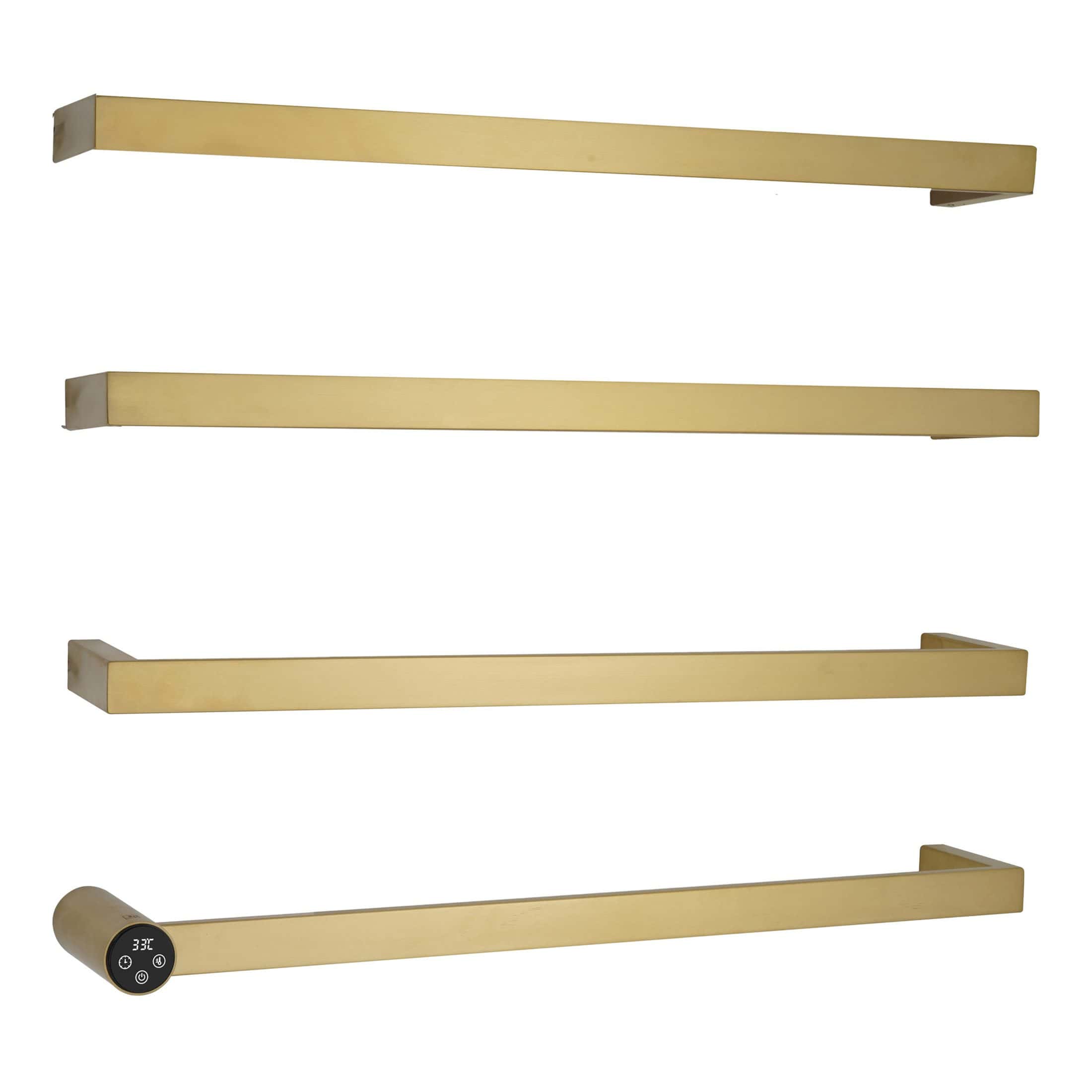 Sleek gold heated towel rail with digital thermostat for luxurious bathroom comfort and modern style. Perfect for maintaining warm towels and enhancing bathroom decor.
