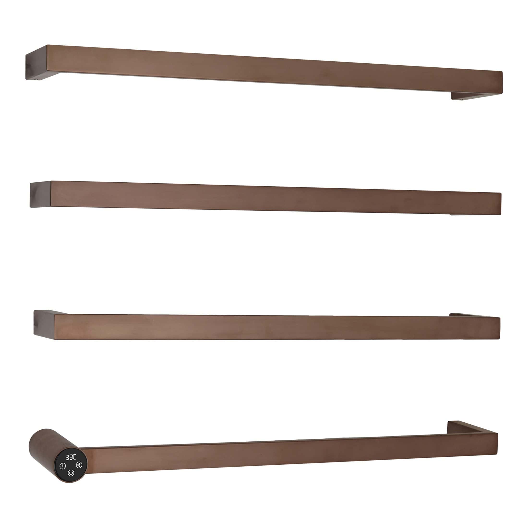 Sleek wooden bathroom heated towel rail with digital thermostat, modern design, ideal for contemporary bathrooms, energy-efficient and stylish for optimal comfort.