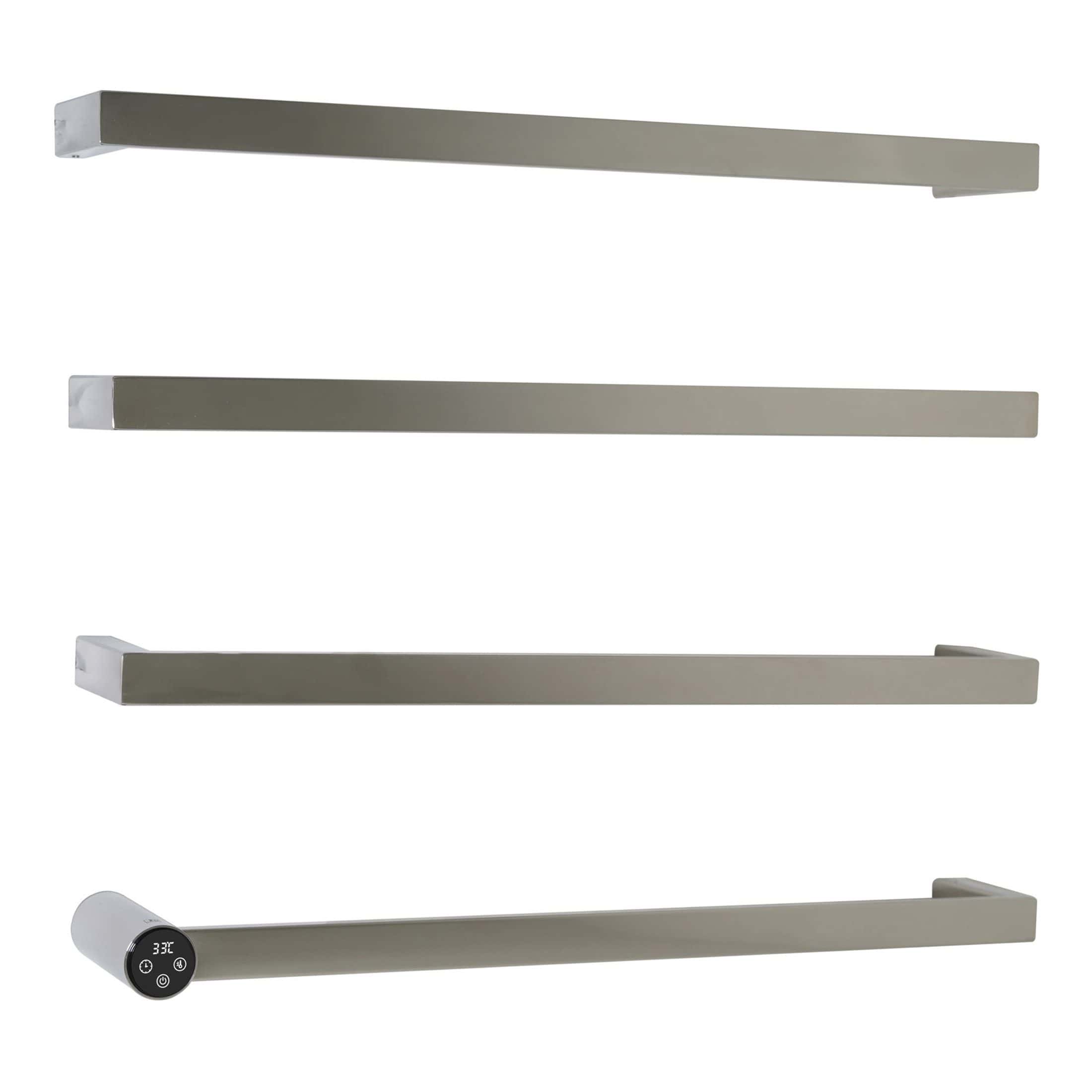 Slim modern heated towel rails in stainless steel design for contemporary bathrooms, providing efficient warmth and style. Ideal for luxury bathroom heating and towel drying solutions.