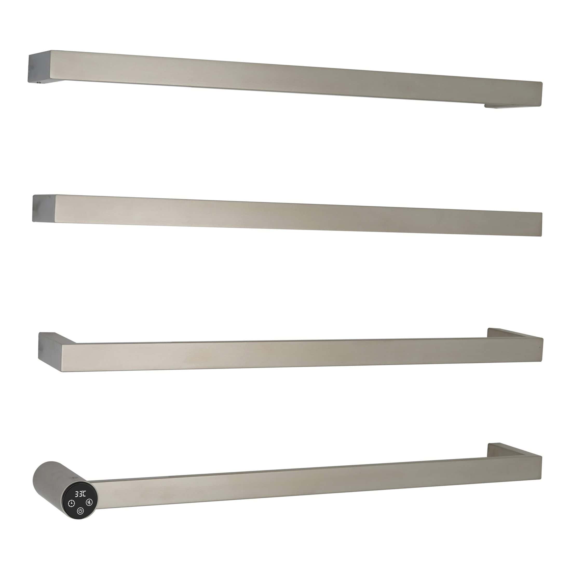 High-end stainless steel heated towel rail with digital thermostat control, ideal for modern bathrooms, providing warmth and comfort with energy-efficient design.