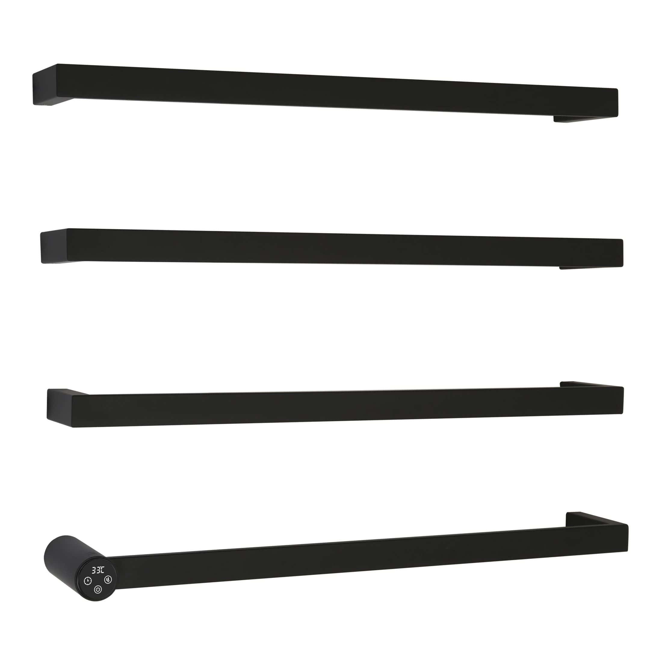 Sleek black heated towel rail with modern digital temperature control for luxury bathroom comfort. Perfect for warmth and towel drying in contemporary Bubly Bathrooms.