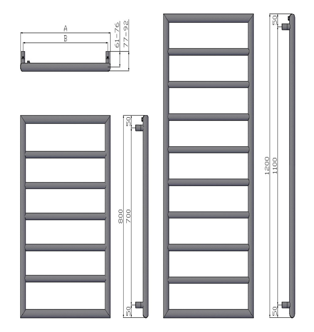 Reina Nardo Chrome Heated Towel Rail - technical drawing with dimensions