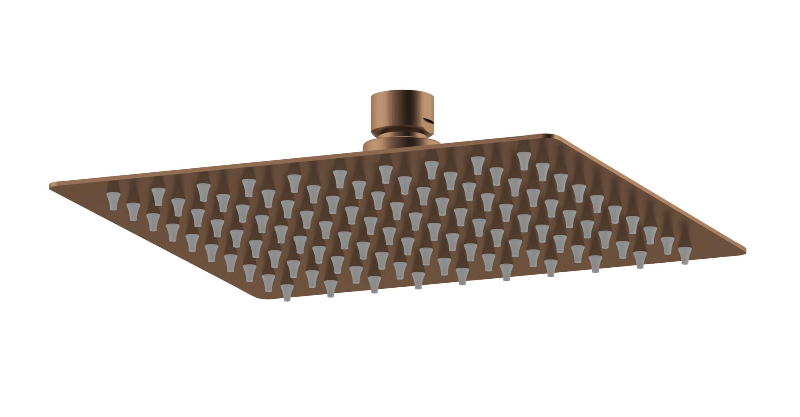 Heavy-duty rainfall shower head in matte bronze finish for modern bathroom designs.