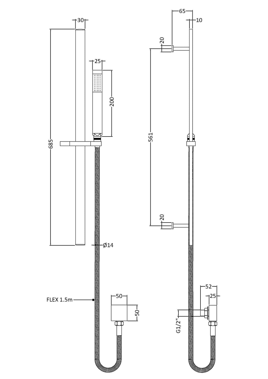 Flexible shower hose and handheld shower head with bathroom plumbing diagram for Bubly Bathrooms. Ideal for modern bathroom installations and water-efficient shower solutions.