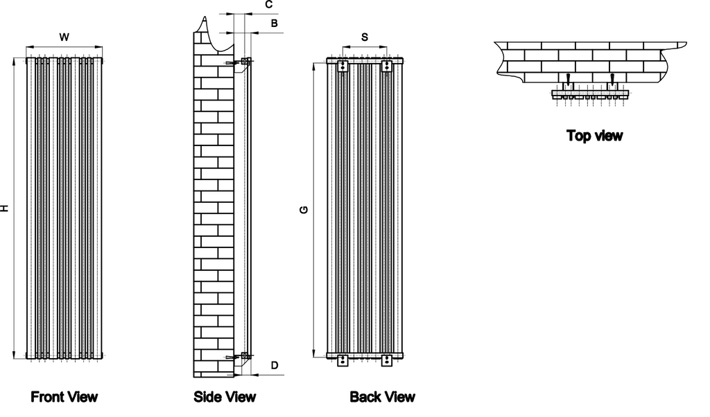 Reina Bonera Vertical Anthracite Designer Radiator - technical drawing with dimensions
