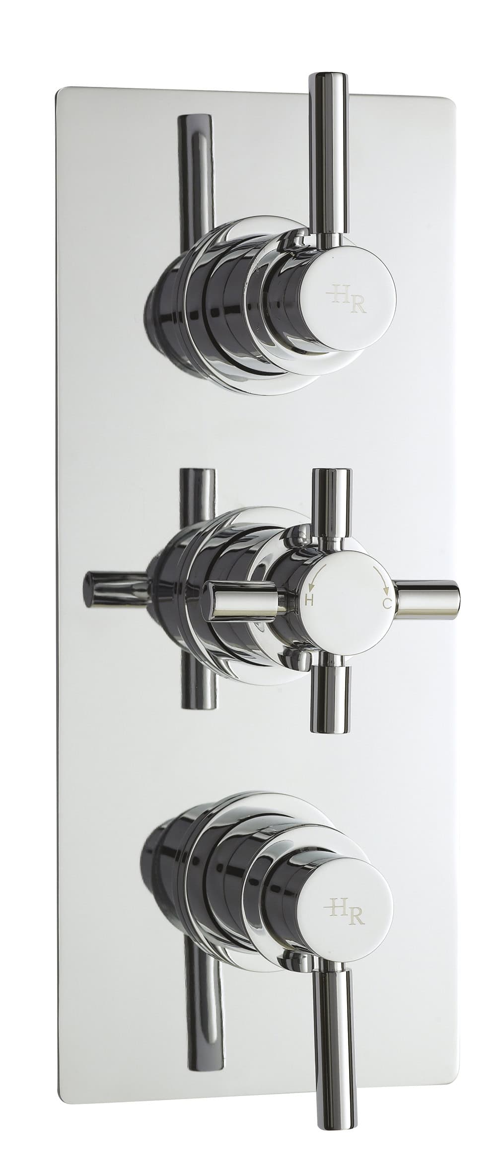 Shiny chrome bathroom thermostatic shower controls with modern cross handle design, for precise temperature and water flow regulation. Ideal for contemporary bathroom renovation and upgrade.