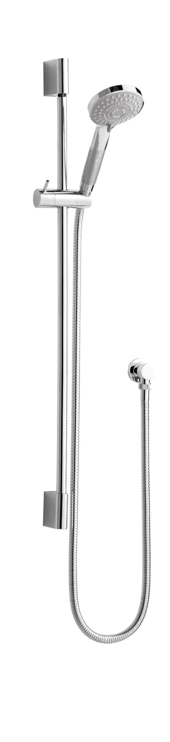 Shower panel with handheld showerhead and adjustable height rail for modern bathroom designs.