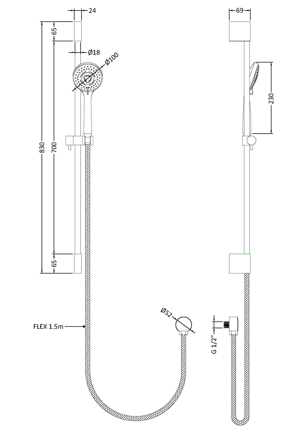 Shower handrail and hose with detailed technical dimensions for Bubly Bathrooms.