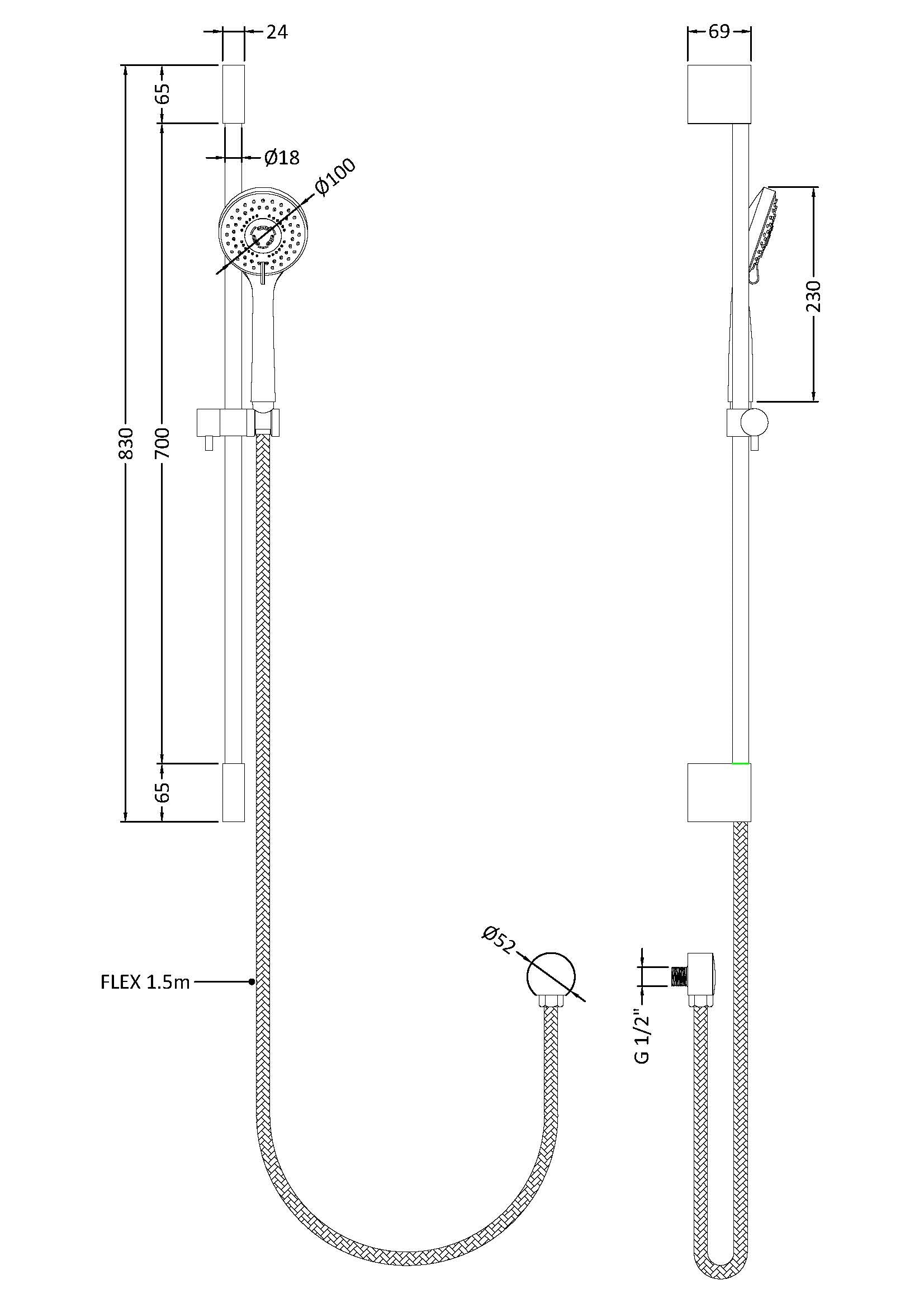 Shower handrail and hose with detailed technical dimensions for Bubly Bathrooms.