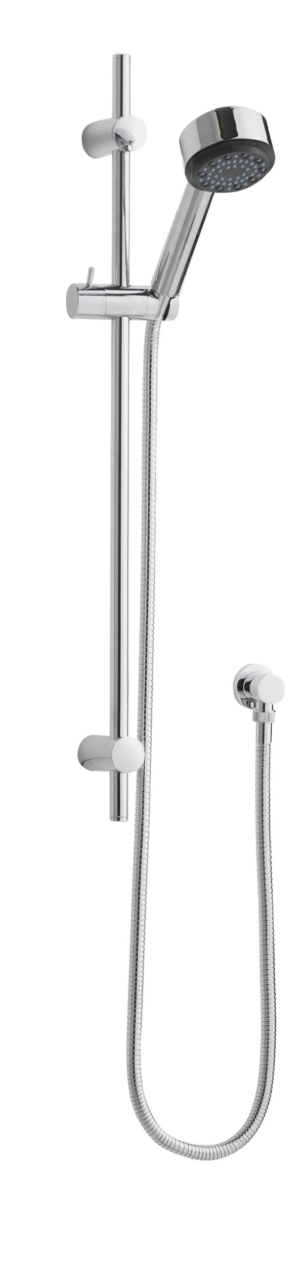 Polished chrome shower head with adjustable hand-held spray and sliding rail for modern bathroom comfort.